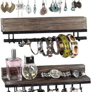 Rustic Wood 3-Piece Wall Mounted Jewelry Rack